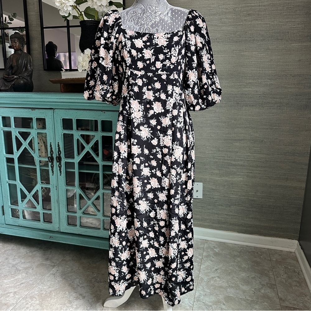 River Island Black Floral Puff Sleeve Maxi Dress,Square Neck Cottagecore Size 10 - Picture 2 of 16